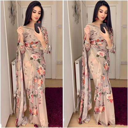 Beautiful pure digital 3d printed georgette designer saree with moti lace