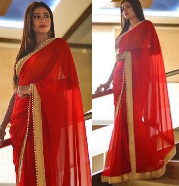beautiful red georgette partywear saree with moti less