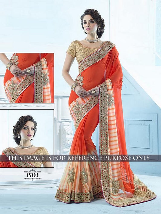 beautiful shibori georgette orange embroidered saree