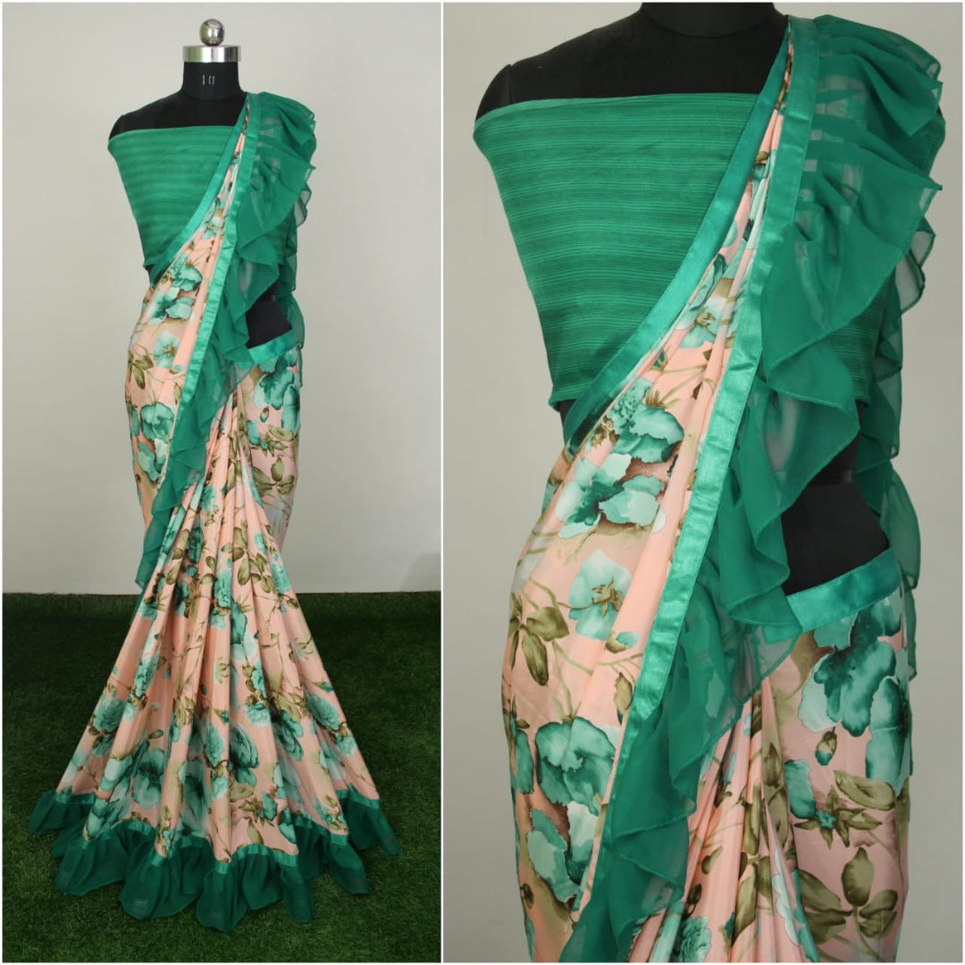 Beautiful silk crap floral printed ruffle border saree