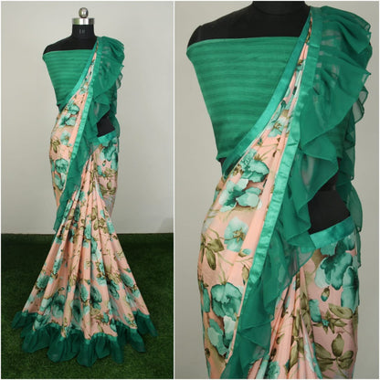 Beautiful silk crap floral printed ruffle border saree