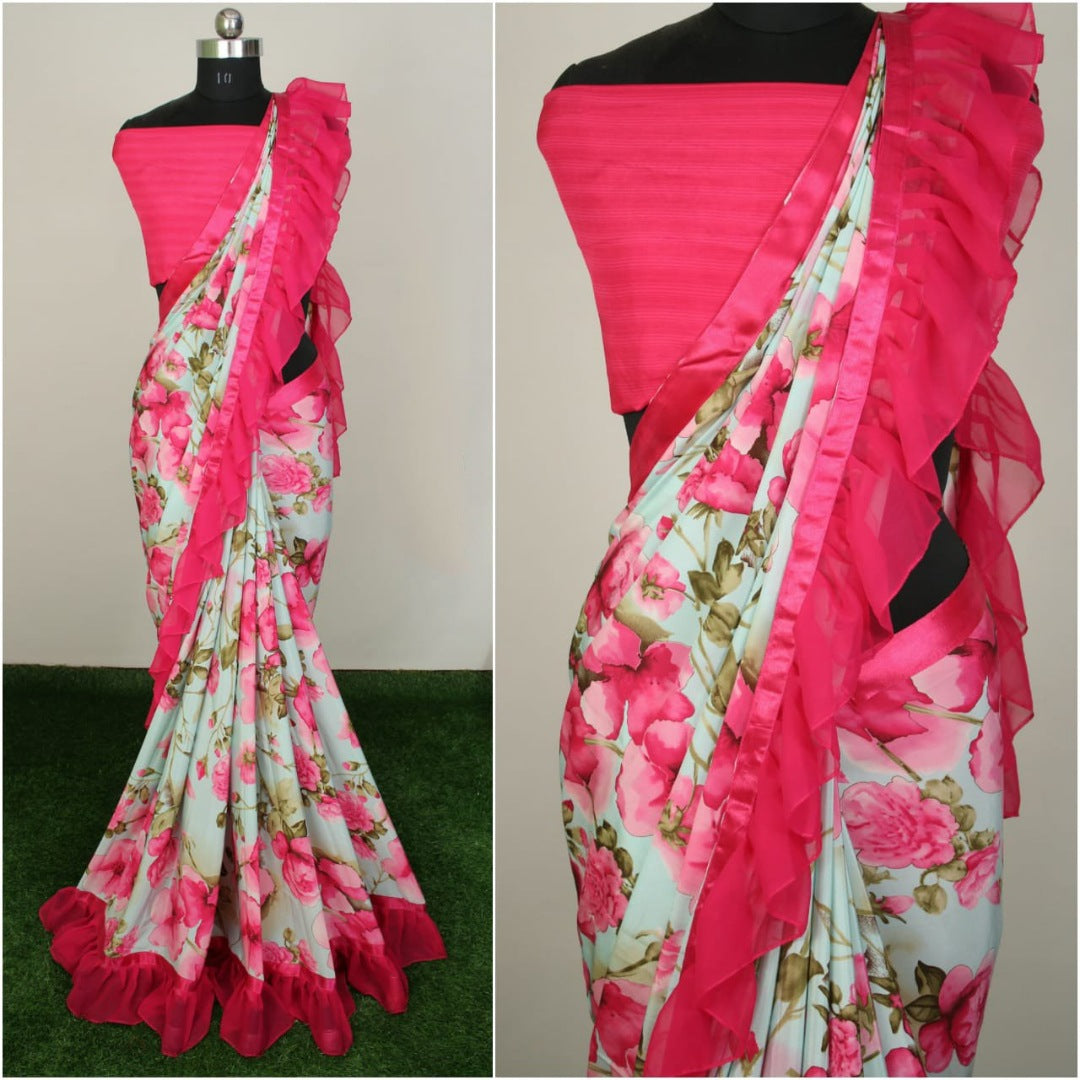 Beautiful silk crap floral printed ruffle border saree