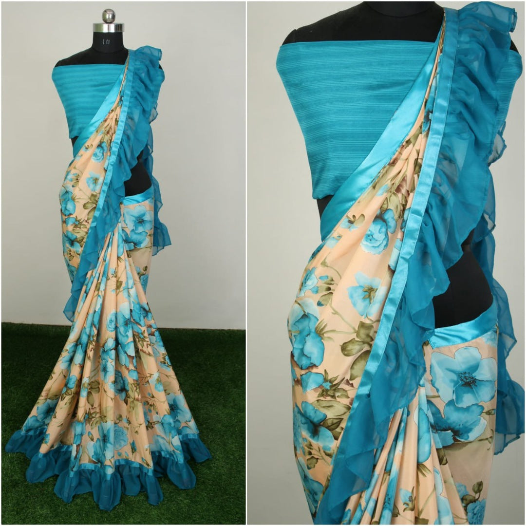 Beautiful silk crap floral printed ruffle border saree