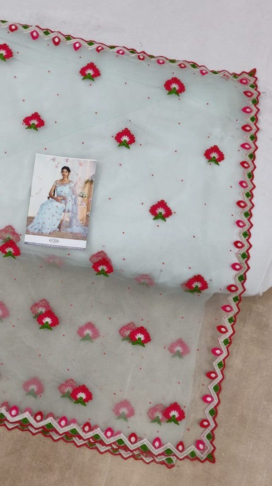 Beautiful sky mono net embroidered ceremonial saree