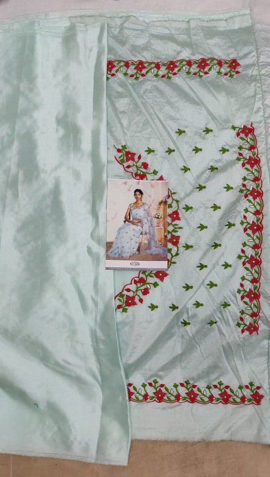 Beautiful sky mono net embroidered ceremonial saree