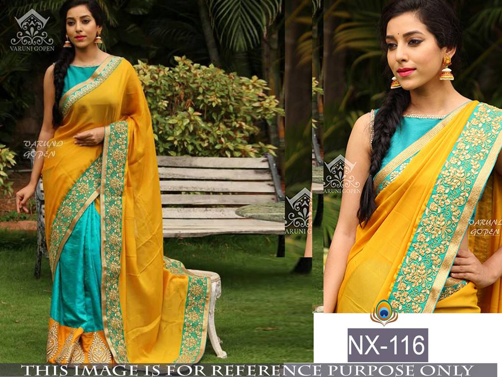 Beautiful yellow and rama paper silk saree