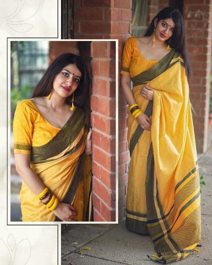 Beautiful yellow slub cotton silk casual saree