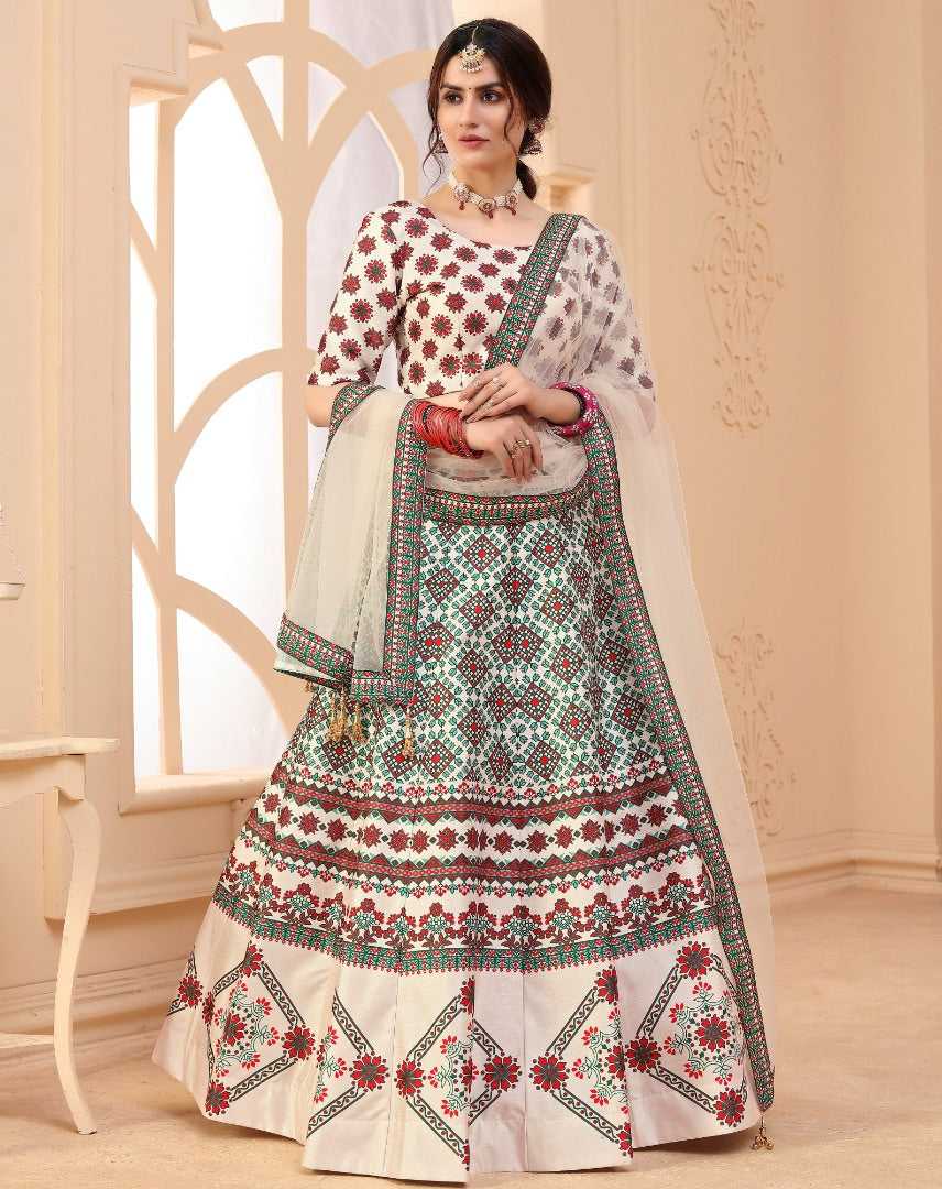 Beige art silk digital printed wedding and party wear lehenga choli