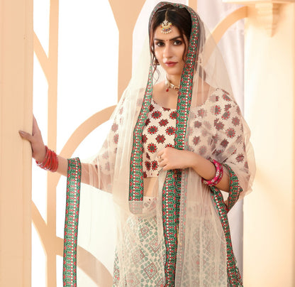Beige art silk digital printed wedding and party wear lehenga choli