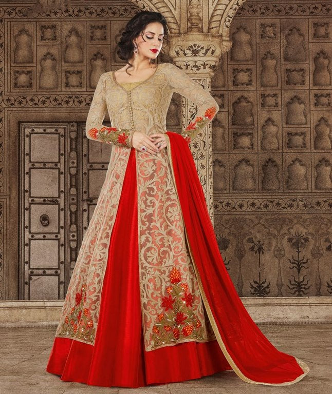 Beige Colored Art Silk Thread & Jari Embroidery With Stone Work Semi Stitched gown