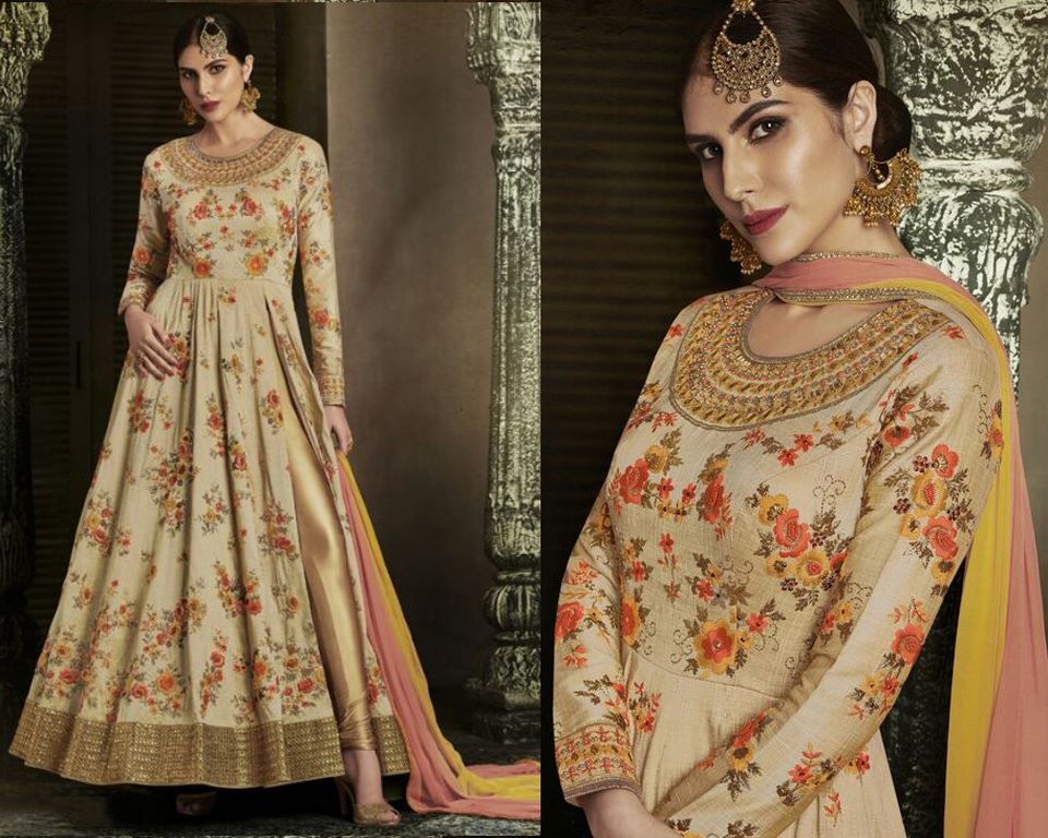 Beige Colored Handloom Silk Embroidered Semi Stitched anarkali Suit