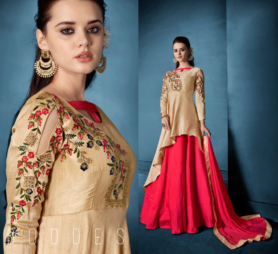 Beige Colored Morvi Silk Zari & Resham Embroidery with Stone and Moti Work Stitched gown