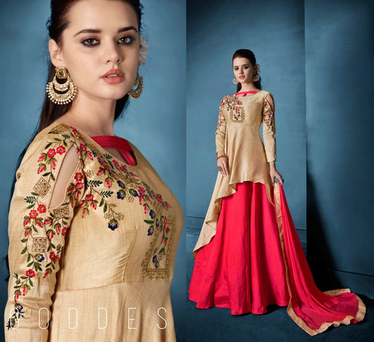 Beige Colored Morvi Silk Zari & Resham Embroidery with Stone and Moti Work Stitched gown