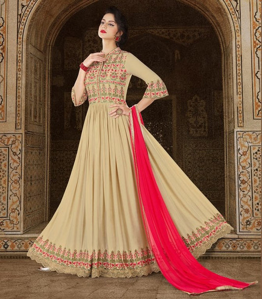 Beige Colored Santoon Thread & Jari Embroidery With Stone Work Semi Stitched anarkali suit