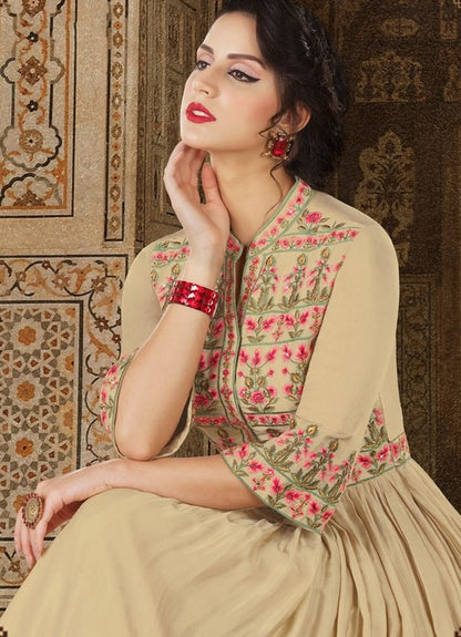 Beige Colored Santoon Thread & Jari Embroidery With Stone Work Semi Stitched anarkali suit