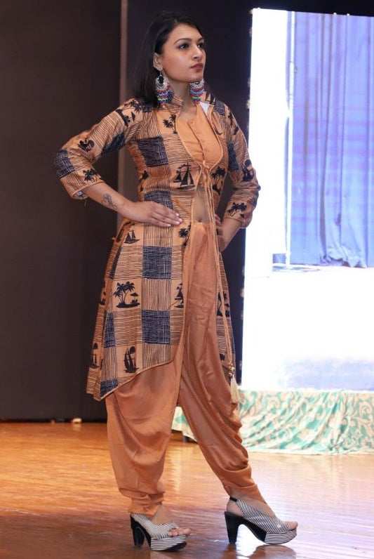 beige dhoti suit with printed koti