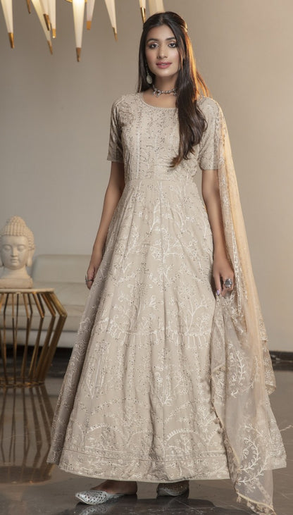 Beige diamond georgette embroidered anarkali gown
