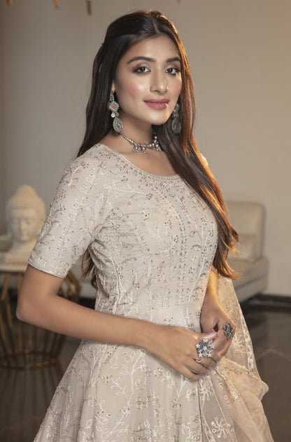 Beige diamond georgette embroidered anarkali gown
