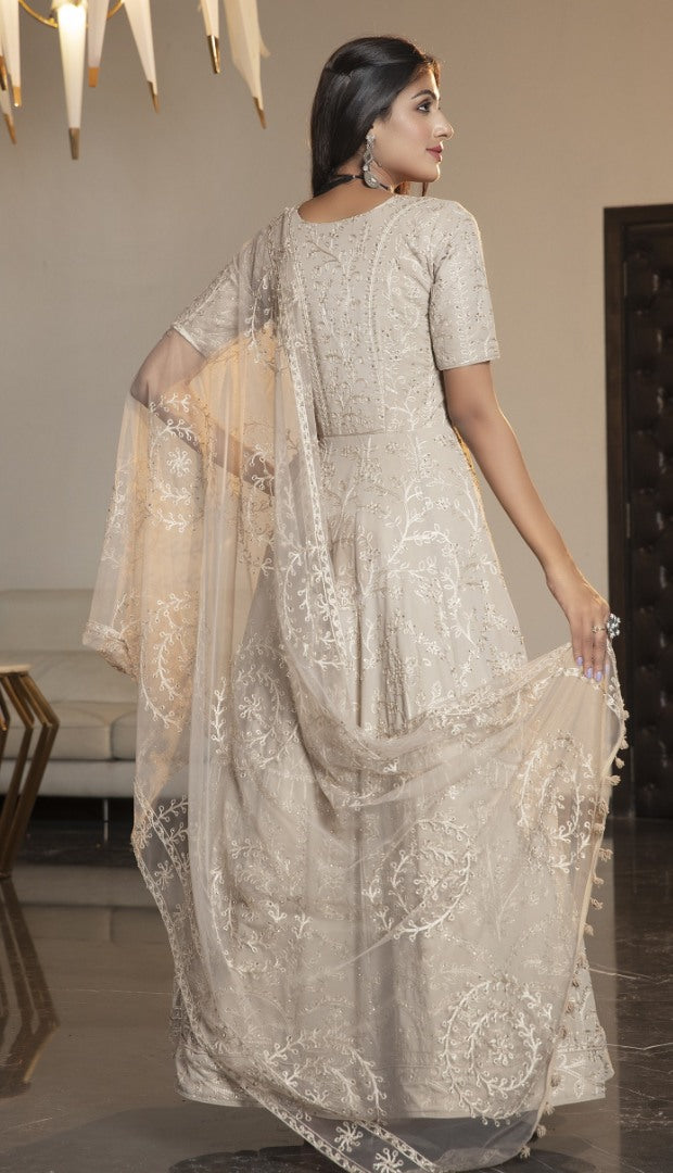 Beige diamond georgette embroidered anarkali gown