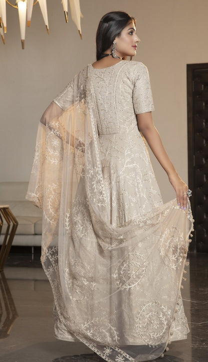 Beige diamond georgette embroidered anarkali gown