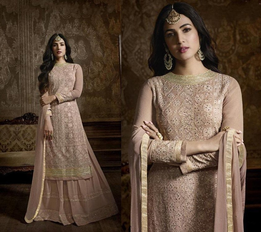 Beige faux georgette sequence embroidered work plazzo suit