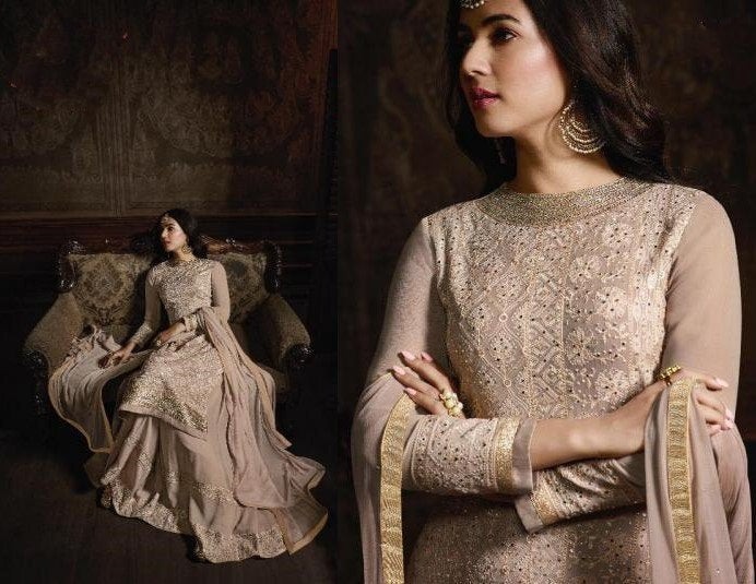 Beige faux georgette sequence embroidered work plazzo suit