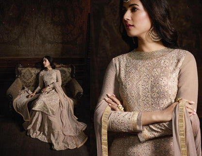 Beige faux georgette sequence embroidered work plazzo suit