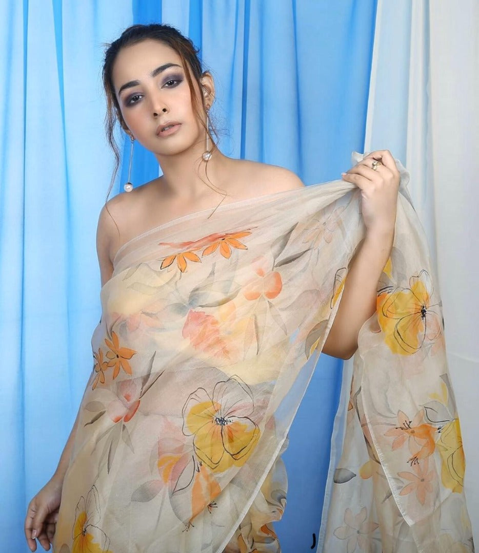 Beige floral printed organza saree