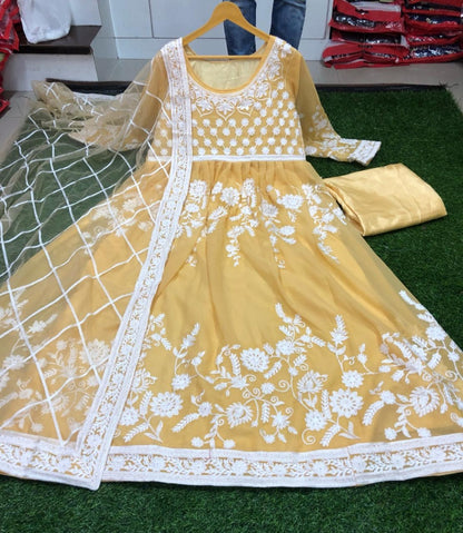 Beige georgette aari worked anarkali suit