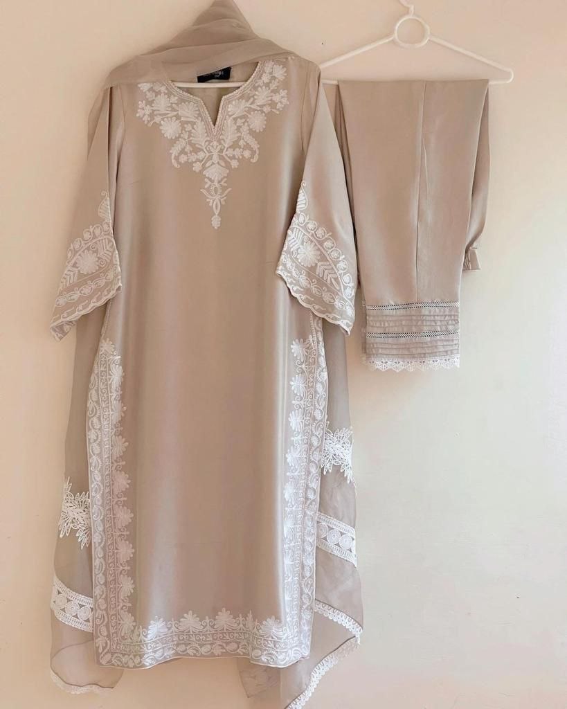 Beige georgette chain stitch work pant salwar suit