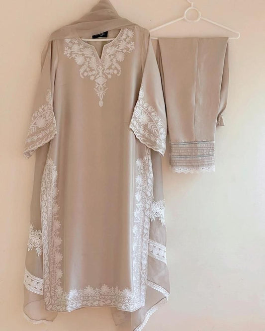 Beige georgette chain stitch work pant salwar suit