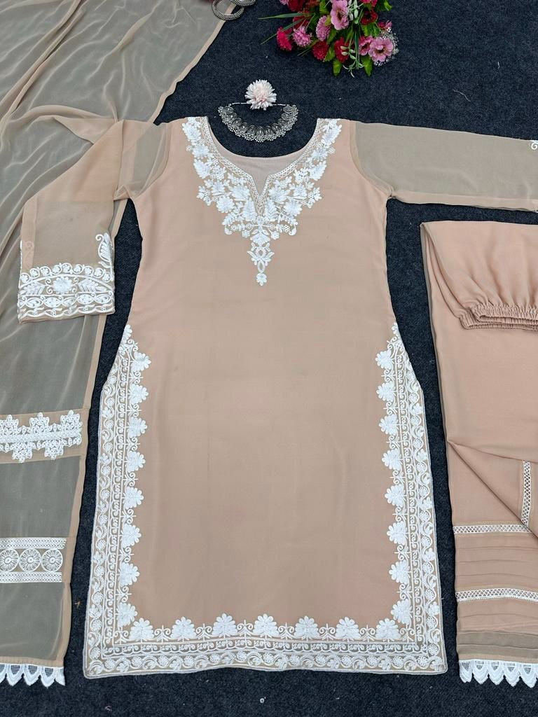 Beige georgette chain stitch work pant salwar suit