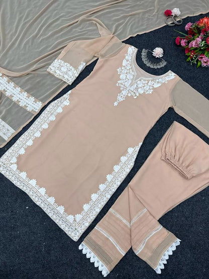 Beige georgette chain stitch work pant salwar suit