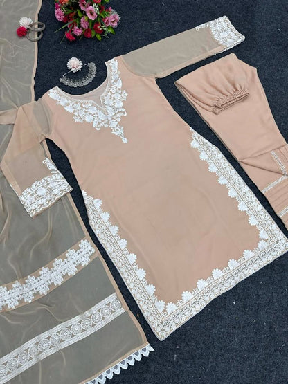 Beige georgette chain stitch work pant salwar suit