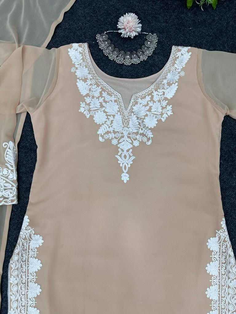 Beige georgette chain stitch work pant salwar suit