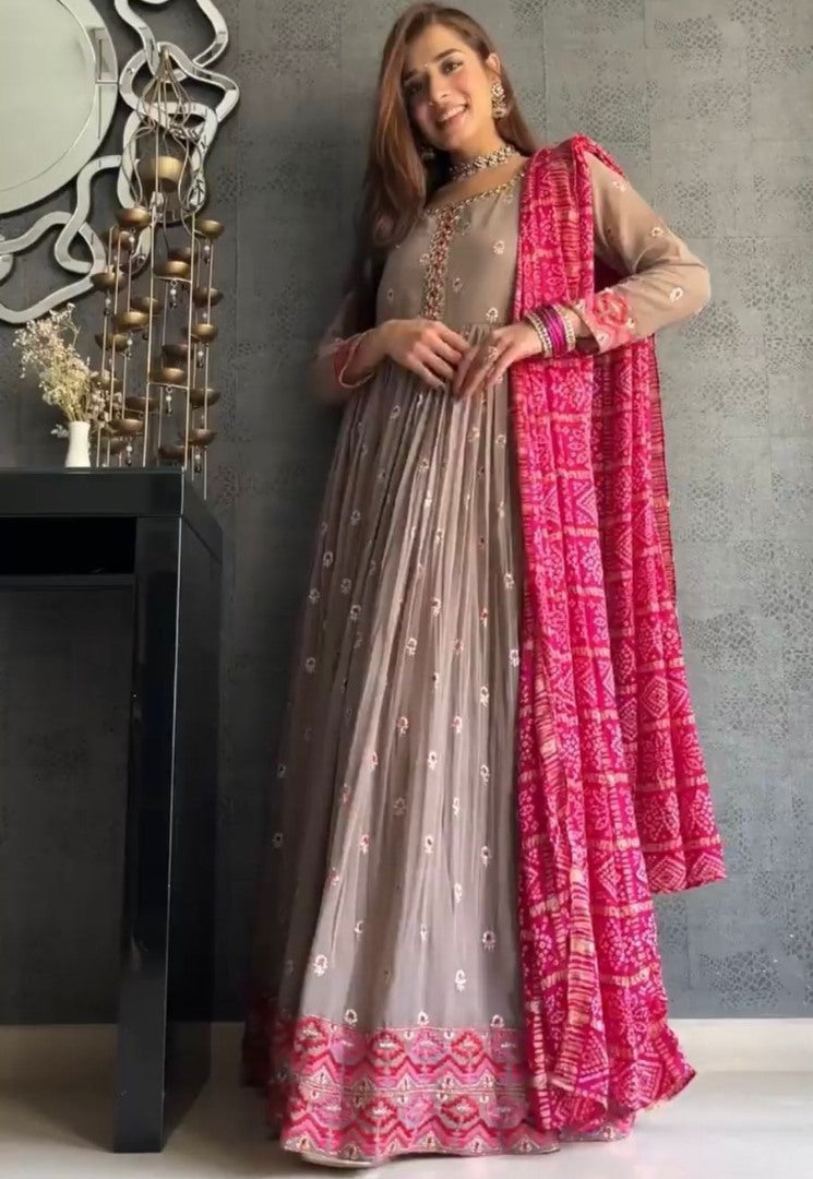 Beige georgette embroidered anarkali gown