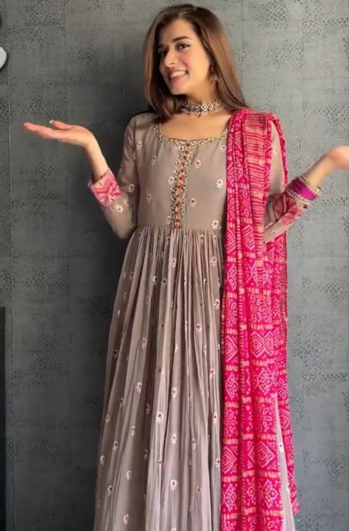 Beige georgette embroidered anarkali gown