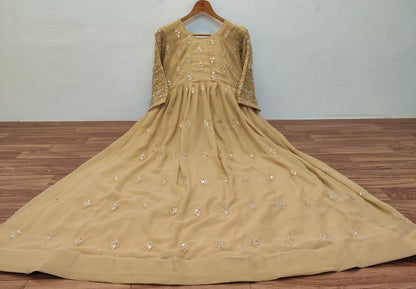 Beige georgette embroidered and mirror work gown