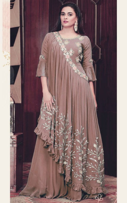 Beige georgette embroidered indowestern gown