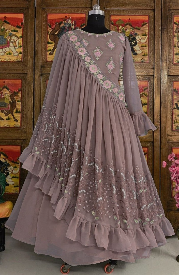 Beige georgette embroidered indowestern gown