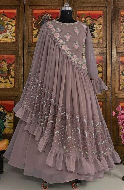 Beige georgette embroidered indowestern gown