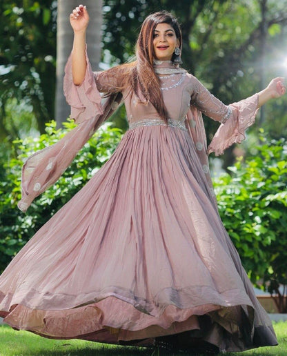 Beige georgette embroidered long gown