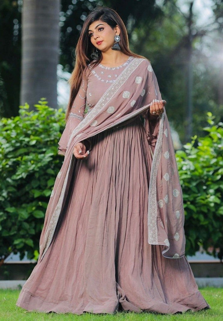 Beige georgette embroidered long gown