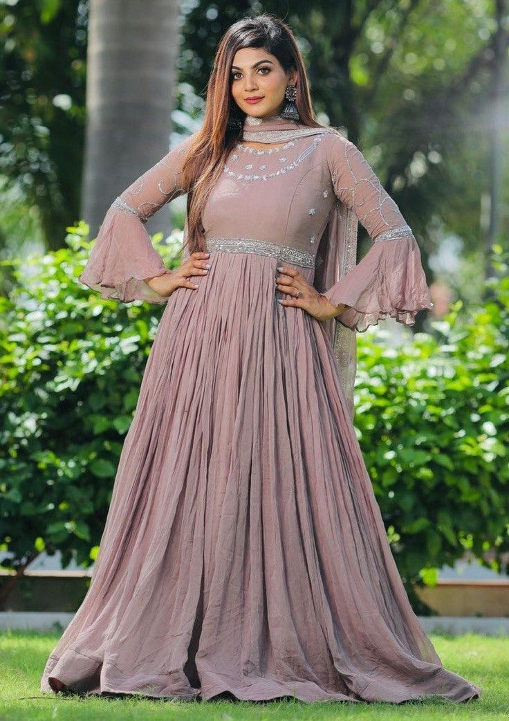 Beige georgette embroidered long gown