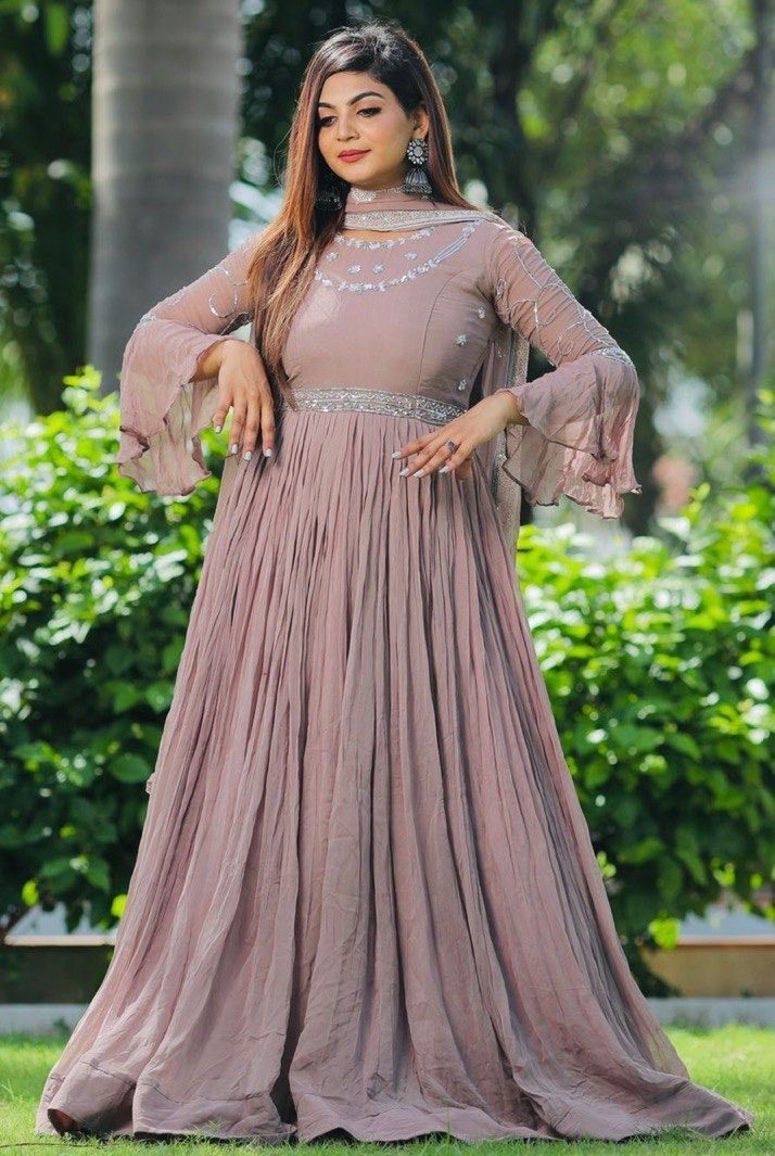 Beige georgette embroidered long gown