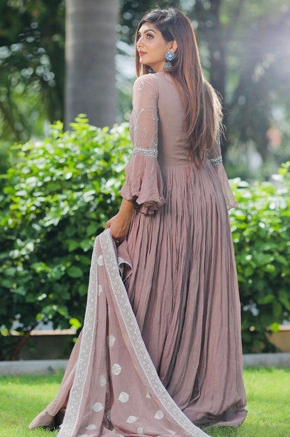 Beige georgette embroidered long gown