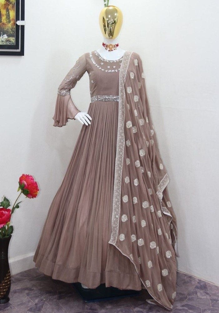 Beige georgette embroidered long gown