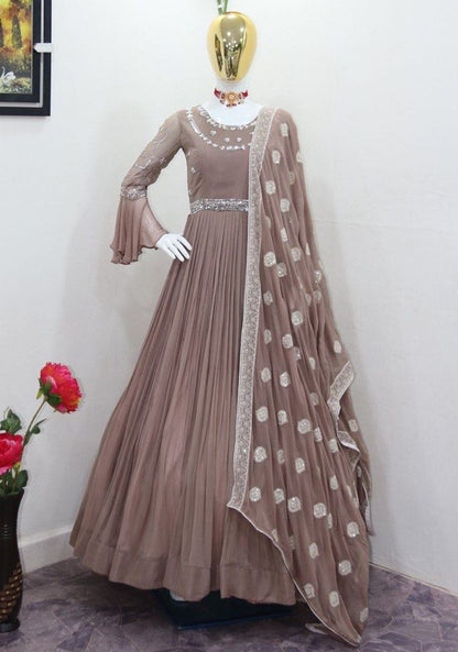 Beige georgette embroidered long gown