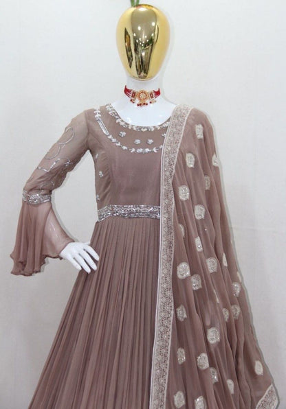 Beige georgette embroidered long gown