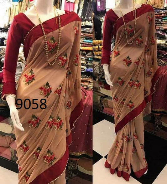 Beige georgette embroidered saree